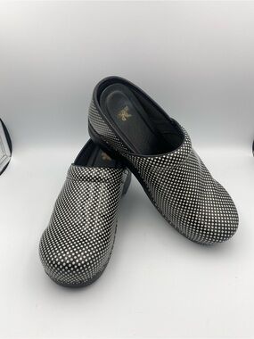Dansko Black Slip-On Clogs with White Dot Pattern